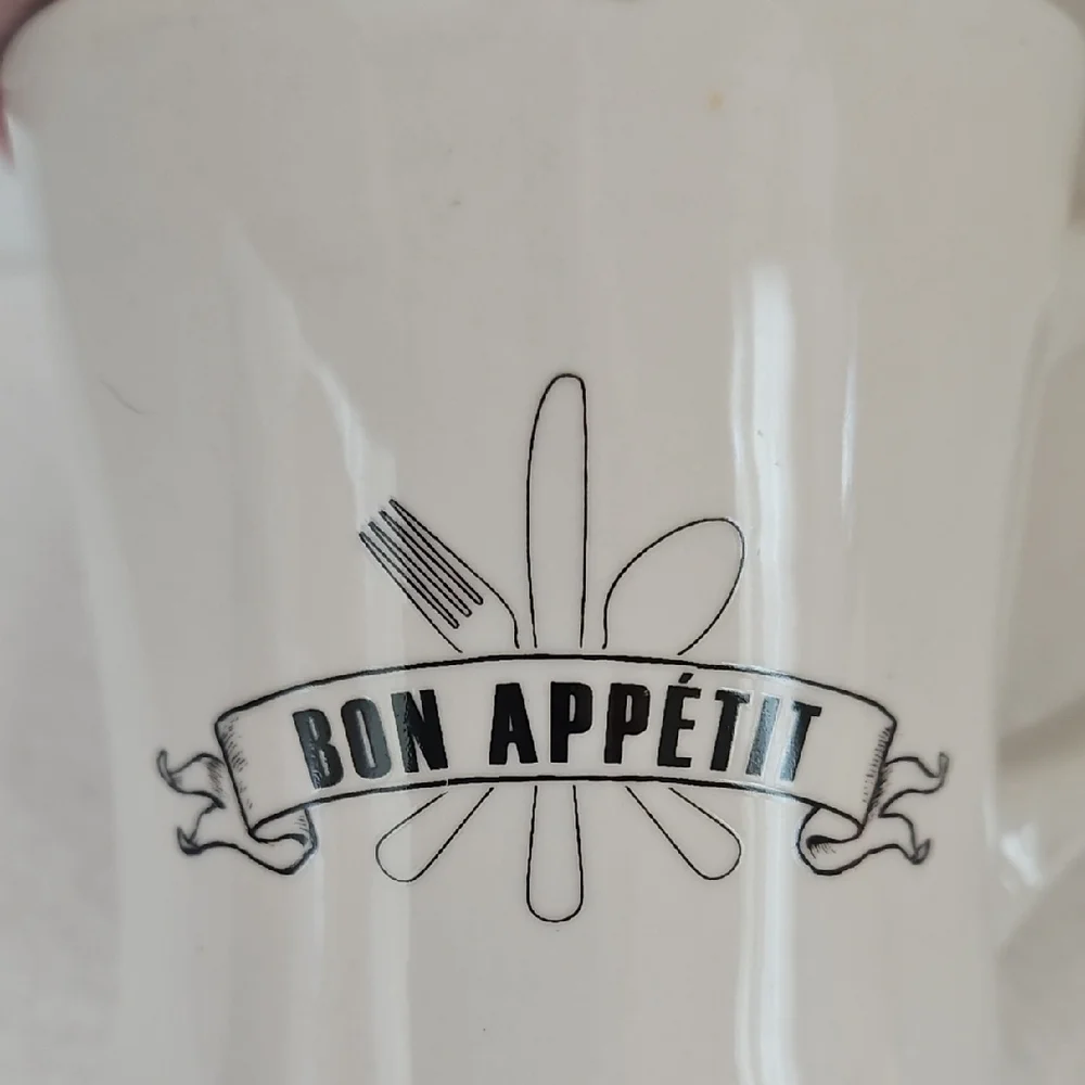 Crate&Barrel Discontinued White Ceramic Mug with Black 'Bon Appétit' Graphic